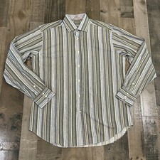 Thomas Dean Button Down Dress Shirt Mens L Large Long Sleeve Green Striped