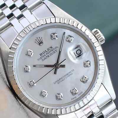 Rolex Mens Datejust 16030 Steel White MOP Diamond Dial 36Mm Watch
