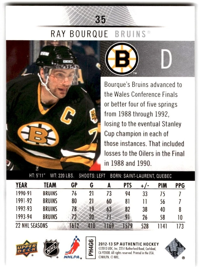 2012-13 SP Authentic Ray Bourque #35 Boston Bruins - Image 2 of 2