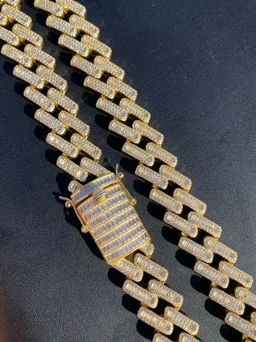 18mm Baguette Prong Cuban Chain 14k Gold Plated Solid 925 Silver