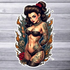 Pinup girl sticker vinyl decal tattooed woman roses lingerie sexy alt model art