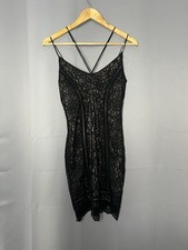 Topshop Black Lace Nude Lined Strappy Bodycon Midi Dress UK 10 Evening Party VGC