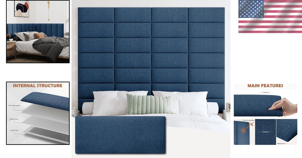 Paneles de cabecero acolchados azul marino personalizables - tamaño king, diseño pelar y pegar Foto 2 de 4