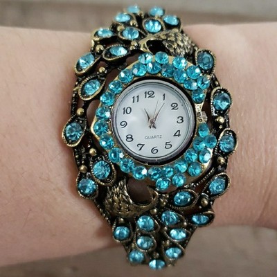 Unique Marysol Peacock Rhinestone Watch Clamper Bracelet 7.5 '' New Battery WORKS