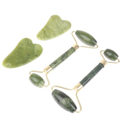 Natural Jade Massage Roller + Guasha Board SPA Scraper Stone Facial Massager -YH