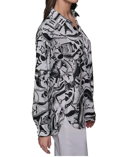 KARL LAGERFELD WOMEN'S BLOUSE BUTTON DOWN SHIRT SOFT BLACK/WHITE MEDIUM NEW