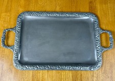 VINTAGE 20.5”x11.5" Rectangular Floral Silver Metal Serving Tray With Handles