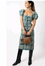 NEW Ganni plaid seersucker midi rucked puff sleeve peasant dress L(40)