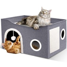 Cat House for Indoor Cats - Large Cat Bed Cave with Fluffy Ball and Scratch P...