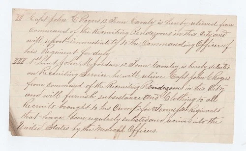 1864 CIVIL WAR DOCUMENT - 12th Tennessee (Union) Cavalry - Re: New Recruits !