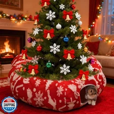 LoopTime Cat Tunnel Christmas Tree Skirt for Indoor Cats with Bed