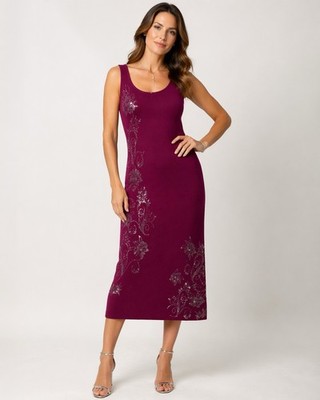 St John Evening Santana Knit Purple Floral Sequin Sleeveless Midi Dress  Womens 8 | eBay
