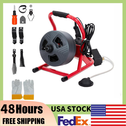 50FT x 5/16"Drain Cleaner Machine,Sewer Snake Manual Feed with 6 Cuttes & Glove