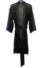 Soma Black Nylon Spandex Floral Eyelash Lace & Satin Kimono Wrap Short Robe S/M