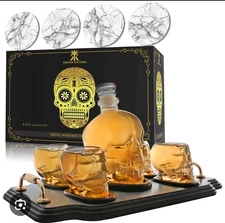 Krown Kitchen Skull Whiskey Decanter 750ML Set 4 Skull Shot Glasses Coaster New