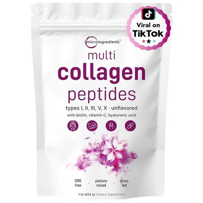 Multi Collagen Peptides Powder Hydrolyzed Protein with Type I, II, III, V, X 1LB