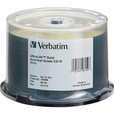 CD-R Archival Grade Recordable Disc 700MB/80 Min 52X Spindle Gold 50/Pack