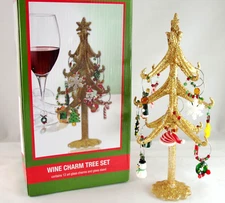 NOS 2012 BOSTON WAREHOUSE ART GLASS CHRISTMAS TREE & 12 WINE CHARM ORNAMENTS SET