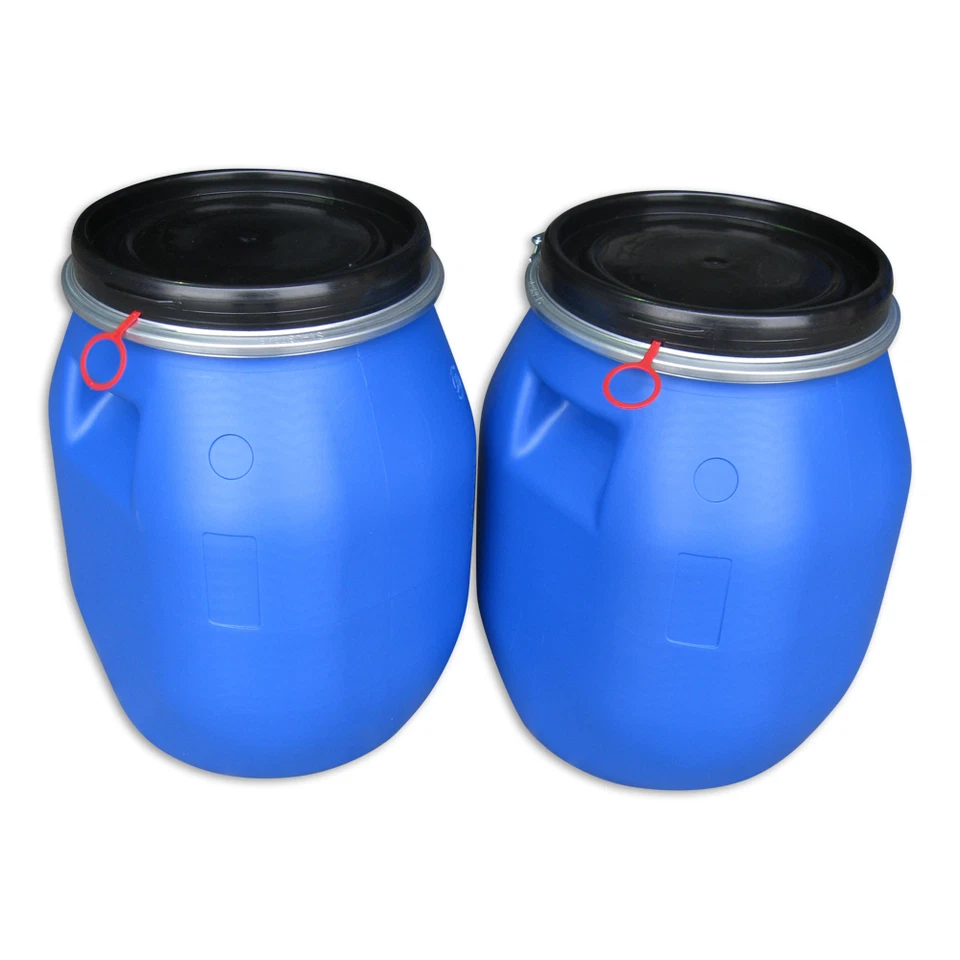 KANISTER-VERTRIEB 2 x 30 L Kunststofffass Deckelfass Futtertonne Gepäcktonne mit Griffmulde NEU