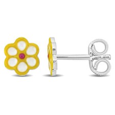 Amour Sterling Silver Yellow Enamel Flower Stud Earrings