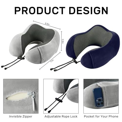 2-Pack Memory Foam Travel Neck Pillow for Airplanes - Soft Support in Grey & Blue