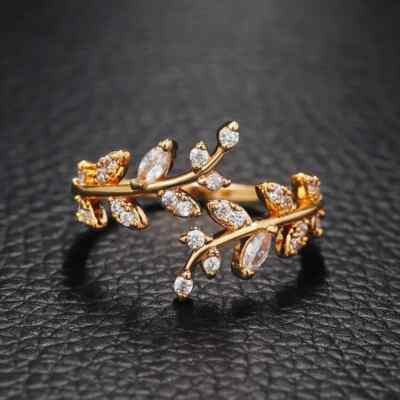 Elegant Golden Finger Ring Leaf Shape Zircon Adjustable Open Cuff Women Girl New