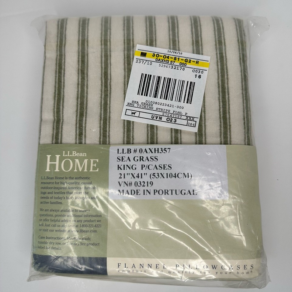 LL Bean Home New Flannel King Size Pillow Cases 2 Pack Sea Grass