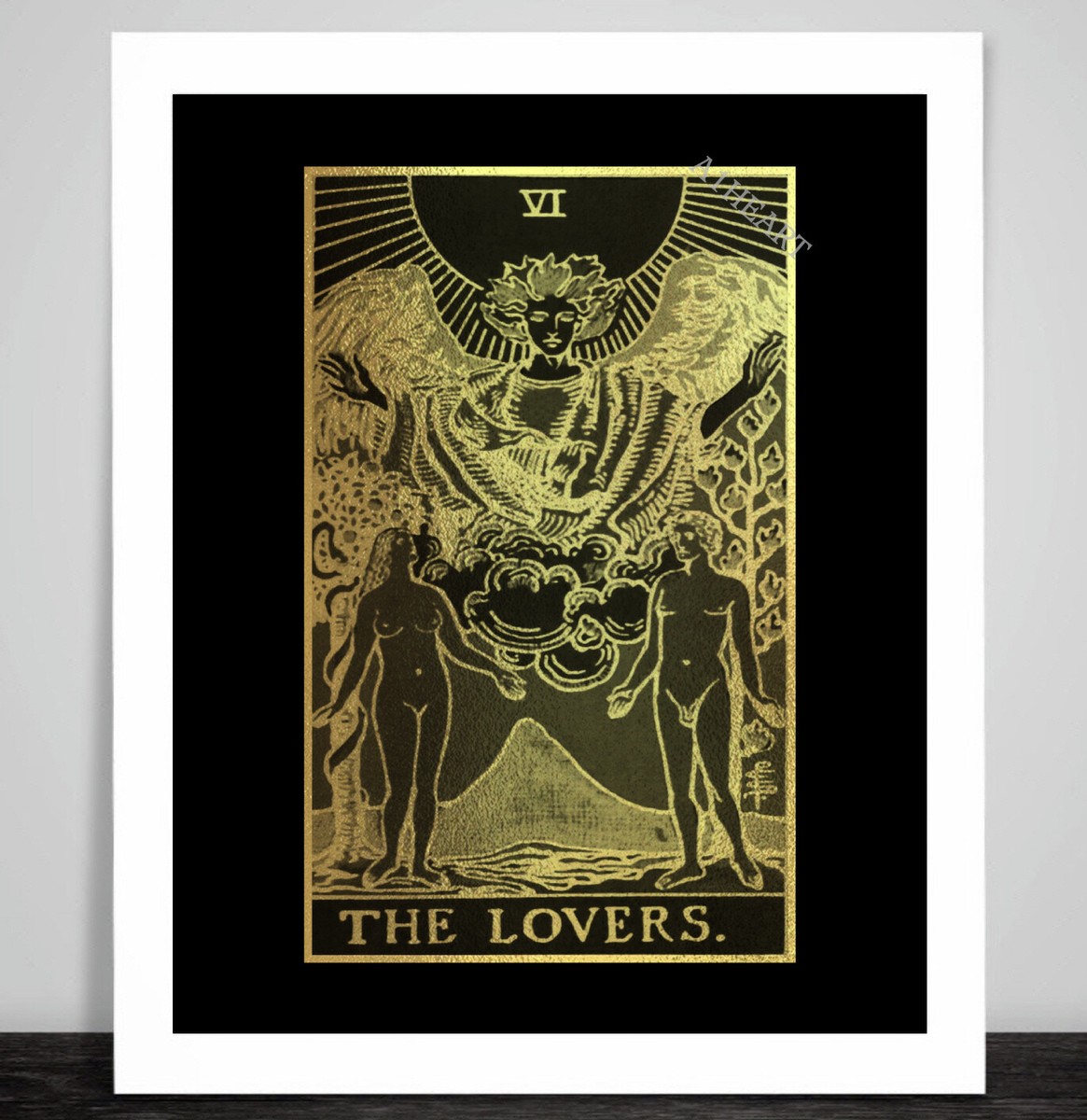Art Print Tarot Card The Lovers Gold Foil Effect. Tree of Life