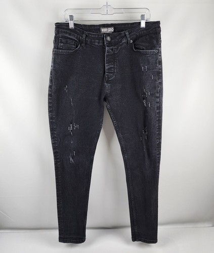 Kenzo Paris Jeans Mens 36x29 Black Button Fly Distressed Denim