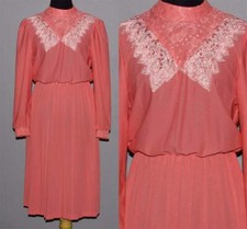 VTG HHR Embroidered Lace Bib Collar Coral Pleated Flare Skirt Dress EXC Wms 6P