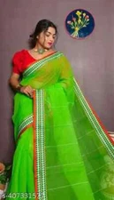 New Linen Cotton Sari With Unstitched Blouse Piece Party Wedding Wear For Women