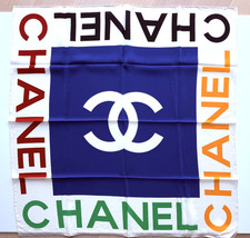 Vintage CHANEL Scarf, Graphic of CHANEL repeated on 4 Sides, Never Used, Mint