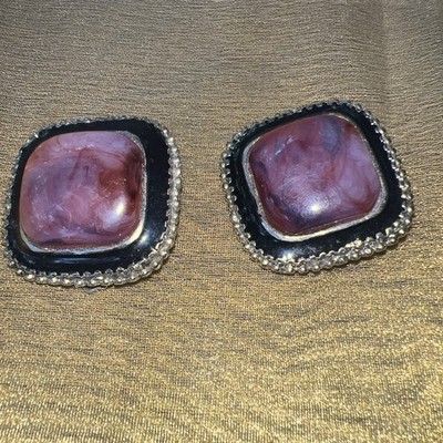 Vtg Pisces Signed Clip On Earrings Big Classicore Retro 80's Purple And Black