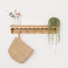 Natural Mango Wood Scalloped Edge Coat Peg Rail Hooks with Shelf - 100cm