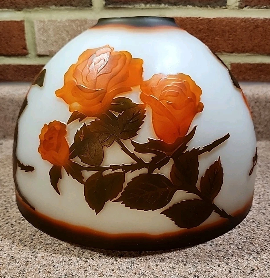 Emile Gallé Cameo Floral Glass Shade Metal Lamp Signed Large Orange/Brown  - Image 3 of 4