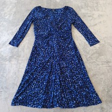 Chaps Dress Large Blue Geometric 3/4 Sleeve Ruched V Neck Knee Length Pullover