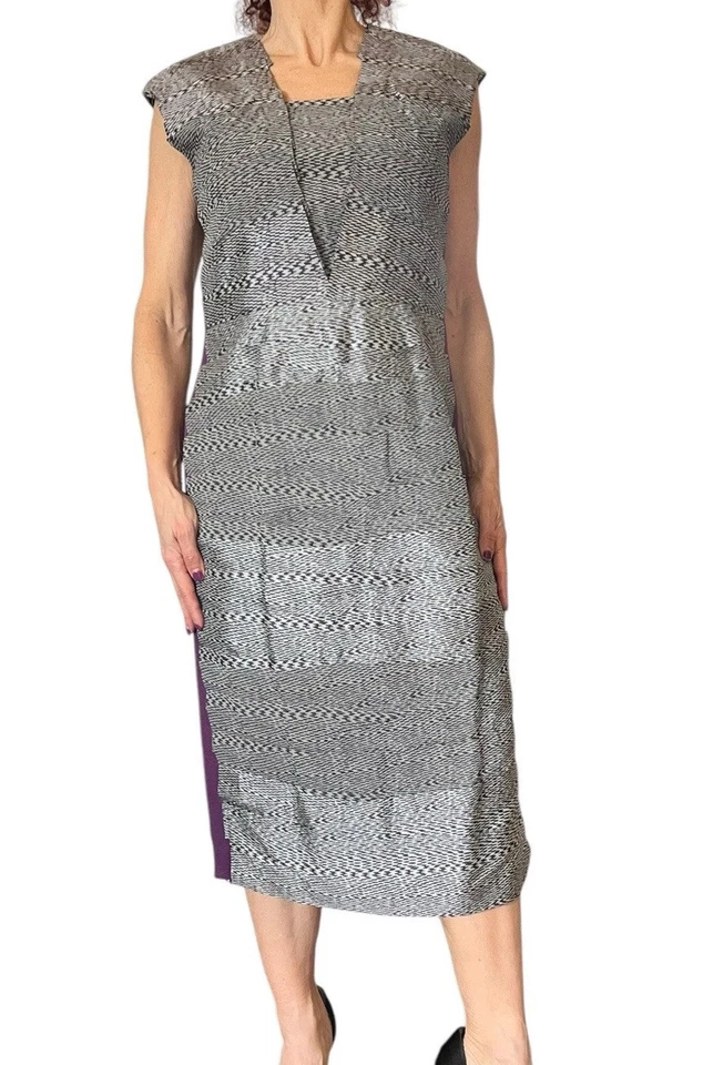 PORTS 1961 女式 8 鞋连衣裙迷笛袖子面板丝绸灰色紫色印花 — 第 2/4 张图片