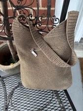 The Sak Crocheted Hobo Shoulder Purse Single Strap Zip Closure Tan Medium Bag