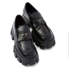 Prada Womens 41 Monolith Nero Black Leather Loafers Chunky Shoes