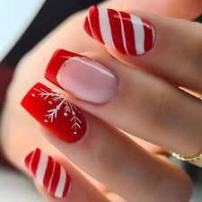 Glossy Red French Tip Coffin Press on Nails with Winter Snowflake Art 24Pcs