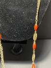 Vintage 2 Strand Gold Tone Necklace Red Orange Plastic Beads Filigree 42" — photo 2