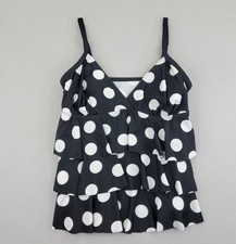 St Johns Bay Tankini Top Womens 12 Black White Polka Dot Ruffle Swim Top w Bra