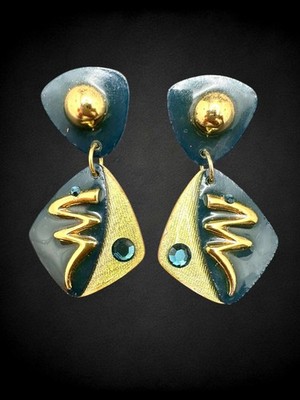 Vintage 1980s MAM Signed Art Earrings Cork Paper Resin Gold Tone Dangle Pierced
