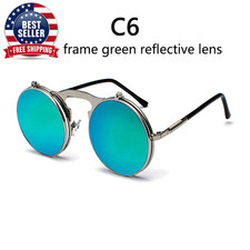 Steampunk round Sunglasses Men Metal Vintage Flip round Women Retro Punk Shades
