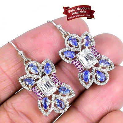 Natürlicher weißer Topas facettiert 925 Sterlingsilber Ohrhänger Neu Ohrringe Schmuck