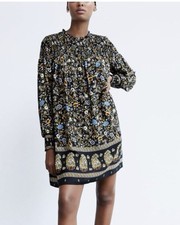 Zara Black Floral Long Sleeve Mini Dress Small Viscose Lightweight Boho Summer