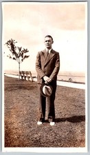 Vtg B&W Snapshot Handsome Man in Suit Holding Fedora Hat Milwaukee Park 1936