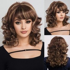 Short Brown Blonde Curly Hair Blend Heat OK Wigs Women Natural Fashion Wigs 18In