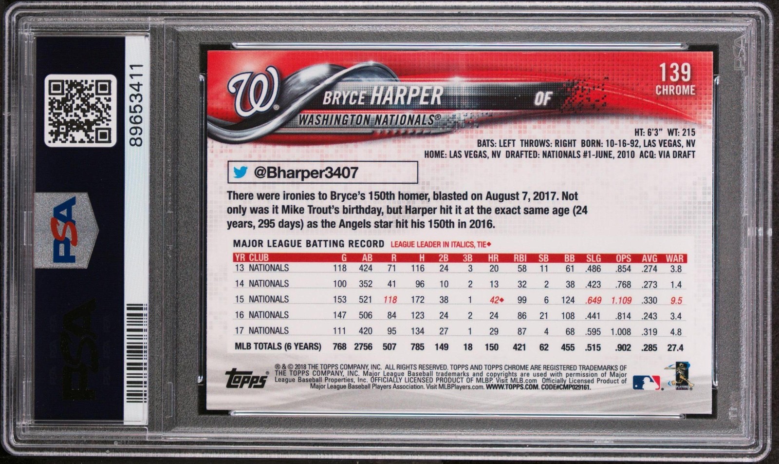 2018 Topps Chrome #139 Bryce Harper Batting Prism Refractor PSA 10 AD635 view 2