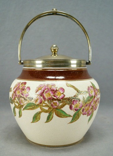 John Dimmock Crown Albion Pink Cherry Blossoms Gold Tapestry Faience Biscuit Jar